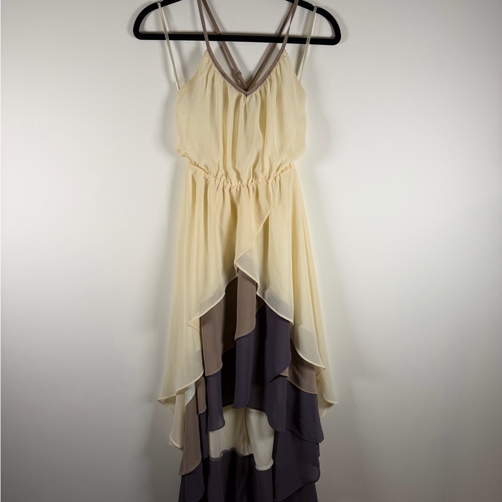 Ya Los Angeles Cream and Taupe Layered High-Low Chiffon Dress